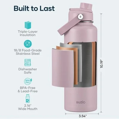 Buzio Duet Series Water Bottle with 2 Lids and Sleeve 1.2L - Purple